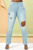 Babyblaue, modische, lässige, solide, zerrissene Verbandsschlitze mit hoher Taille und normaler Denim-Jeans