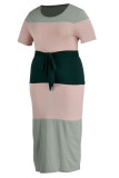 Verde Casual Estampado de rayas Vendaje Patchwork O Cuello Falda de un paso Vestidos de talla grande