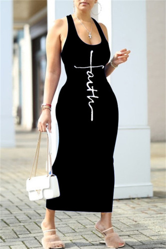 Черное модное сексуальное платье с принтом, платье без рукавов с открытой спиной и U-образным вырезом, платья