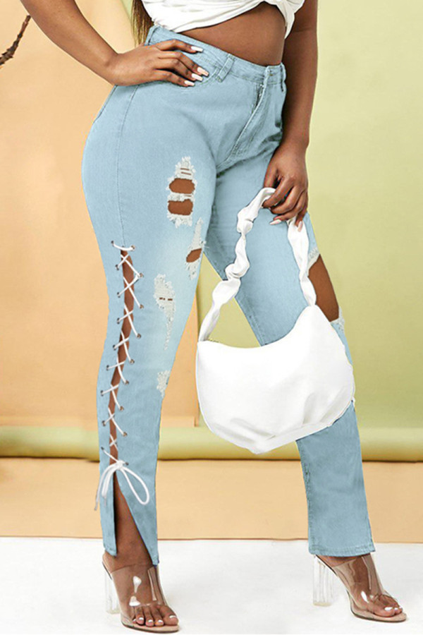 Babyblått Mode Casual Solid Ripped Bandage Slits Hög midja Vanliga jeans jeans