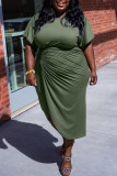 Army Green Casual Solid Patchwork Fold Asymmetrical O Neck Plus Size Dresses