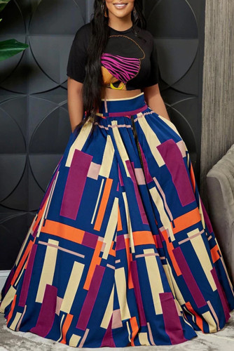 Purple Fashion Casual Print Slit O Neck Short Sleeve Two Pieces