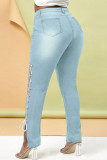 Jeans de mezclilla regular de cintura alta con abertura en el vendaje rasgado sólido casual de moda azul bebé