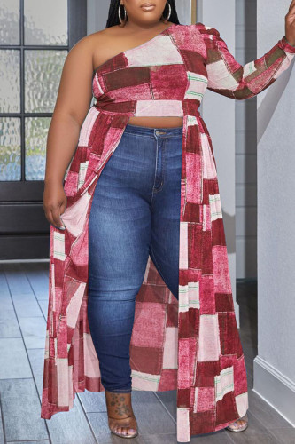 Burgundy Casual Plaid Print Patchwork Asymmetrical Oblique Collar Irregular Dress Plus Size Dresses