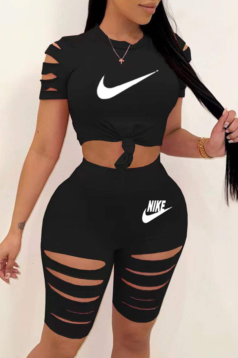 

Black Fashion Casual Print Ripped O Neck Short Sleeve Two Pieces