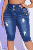 Pantaloncini di jeans taglie forti a vita alta skinny patchwork strappati solidi casual alla moda blu