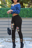 Zwarte mode casual patchwork gescheurde hoge taille skinny denim jeans