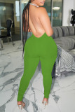 Зеленые сексуальные однотонные облегающие комбинезоны на тонких бретельках в стиле пэчворк