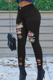 Moda preta casual patchwork rasgado cintura alta jeans skinny