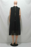 ブラック ファッション カジュアル プラス サイズ ソリッド パッチワーク ハーフ A タートルネック ノースリーブ ドレス