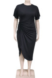 Black Casual Solid Patchwork Fold Asymmetrical O Neck Plus Size Dresses