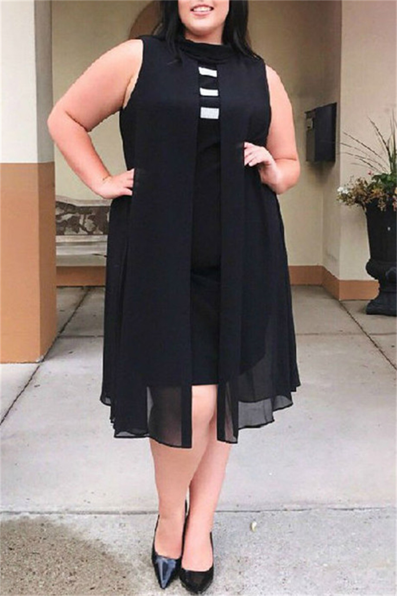 

Black Fashion Casual Plus Size Solid Patchwork Half A Turtleneck Sleeveless Dress