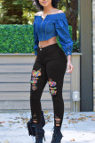 Moda preta casual patchwork rasgado cintura alta jeans skinny