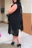 Черное модное повседневное платье больших размеров в стиле пэчворк без рукавов на половину водолазки
