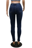 Ljusblå Mode Casual Print Patchwork Skinny Denim Jeans med mitten av midjan