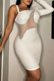 Vestidos brancos moda sexy patchwork furação quente transparente sem costas gola oblíqua manga longa