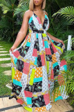 Multicolor Fashion Sexy Print Backless V-Ausschnitt Sling Dress Kleider