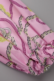 Robes de jupe de gâteau à col rond en patchwork imprimé décontracté rose