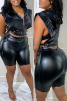 Noir Mode Sexy Bandage Solide Patchwork Fermeture Éclair Col À Capuche Sans Manches Deux Pièces