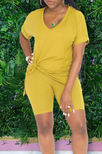 Yellow Casual Solid Patchwork V Neck Short Sleeve Two Pieces