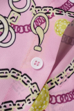 ピンク カジュアル プリント パッチワーク O ネック ケーキ スカート ドレス