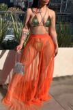 Tangerine Sexy Solid Patchwork See-through Halter Sleeveless Two Pieces
