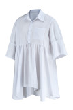 Белое повседневное однотонное платье-рубашка в стиле пэчворк с отложным воротником и пряжкой Платья Платья