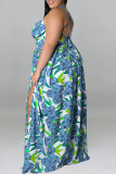 Light Blue Casual Vacation Print Patchwork Backless A Line Plus Size Dresses