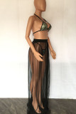 Black Sexy Solid Patchwork See-through Halter Sleeveless Two Pieces