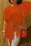 オレンジ ファッション カジュアル ソリッド タッセル パッチワーク 非対称 O ネック T シャツ