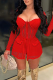Rose Red Sexy Solid Patchwork See-through Square Collar Long Sleeve Two Pieces