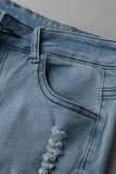 Pantaloncini di jeans dritti a vita media strappati casual blu