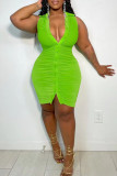 Verde fluorescente sexy sólido patchwork hebilla doblar cuello vuelto falda lápiz vestidos de talla grande