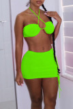 Fluorescent Green Sexy Solid Patchwork Backless Swimwears