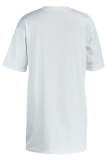 ホワイト ファッション リップ プリント パッチワーク O ネック ストレート ドレス