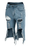 Blue Casual Solid Ripped Mid Waist Straight Denim Shorts