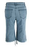 Pantalones cortos de mezclilla rectos de cintura media rasgados sólidos casuales azules