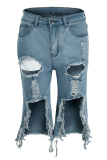 Синие повседневные однотонные рваные прямые джинсовые шорты со средней посадкой