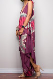 Purplish Red Casual Print Patchwork V Neck Loose Jumpsuits