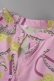 Robes de jupe de gâteau à col rond en patchwork imprimé décontracté rose