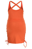 Tangerine Röd Casual Solid Bandage Patchwork Spaghetti Strap Plus Size Two Pieces