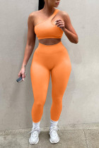 Orange Lässige Sportbekleidung Solide Patchwork Schräger Kragen Zweiteilig
