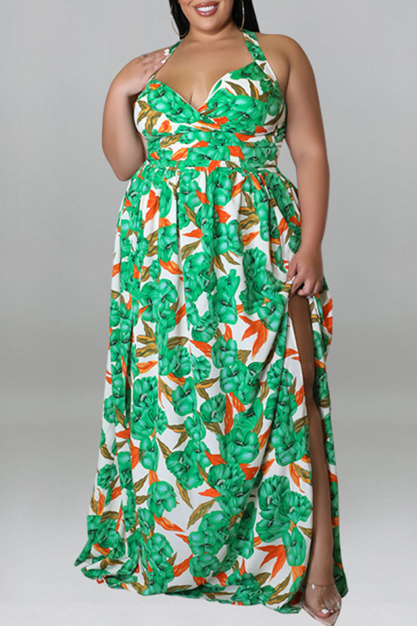 Vestidos casuais verdes de férias estampado patchwork sem costas uma linha plus size vestidos