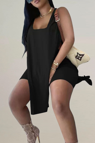 Black Casual Solid Slit Square Collar Sleeveless Two Pieces