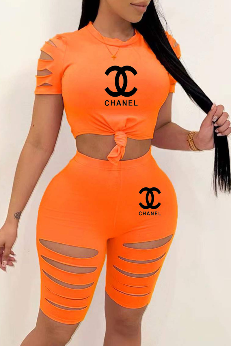 

Orange Fashion Casual Print Ripped O Neck Short Sleeve Two Pieces