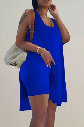 Colorful Blue Casual Solid Slit Square Collar Sleeveless Two Pieces