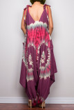Purplish Red Casual Print Patchwork V Neck Loose Jumpsuits