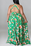 Green Casual Vacation Print Patchwork Backless A Line Plus Size Dresses