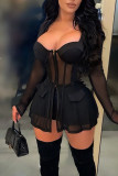 Black Sexy Solid Patchwork See-through Square Collar Long Sleeve Two Pieces