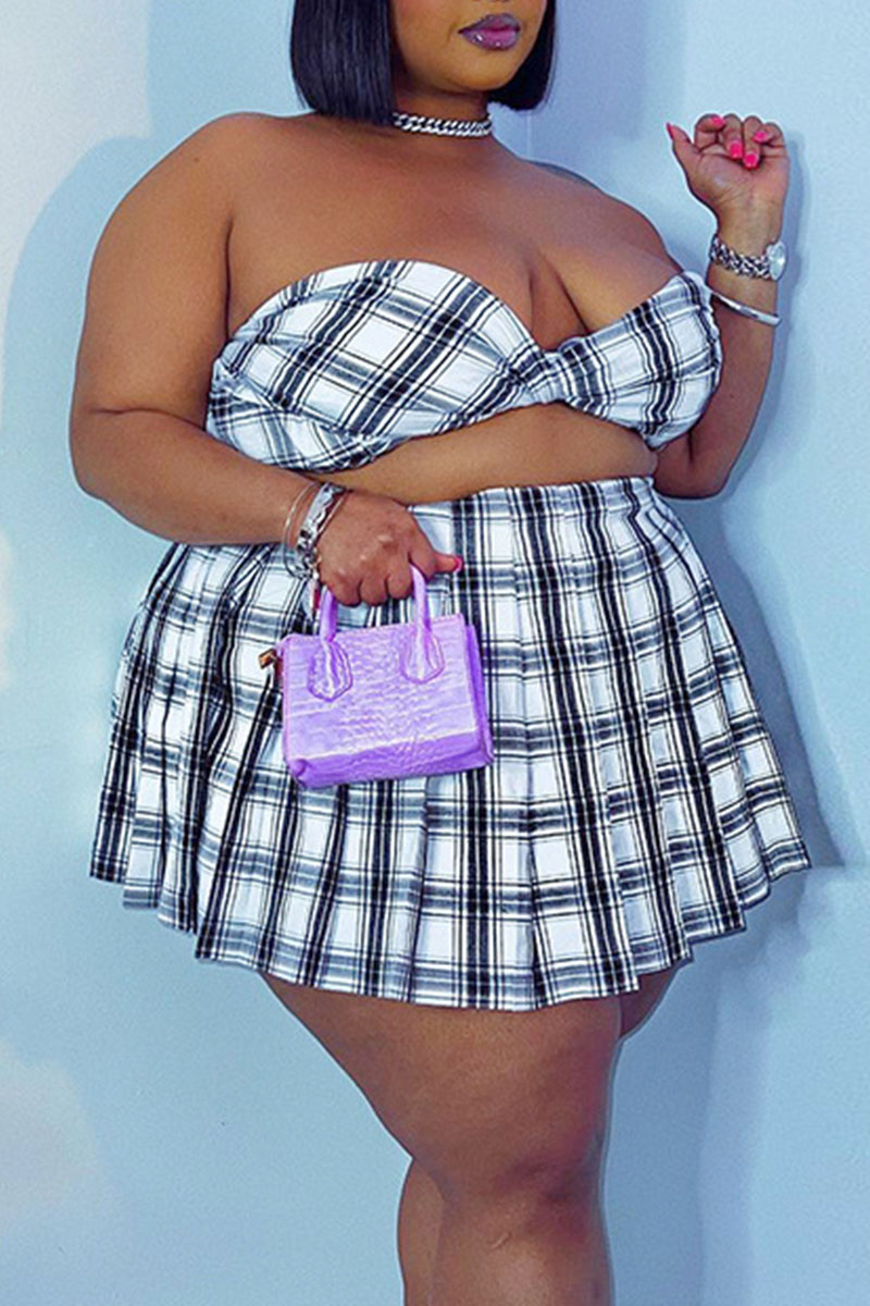 

Black White Sexy Plaid Print Patchwork Strapless Plus Size Two Pieces